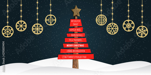 Merry Christmas Greeting Card with Different Languages (Joyeux Noël, Frohe Weihnachten, Buon Natale, Feliz Navidad, Счастливого рождества!, and Wesołych Świąt).