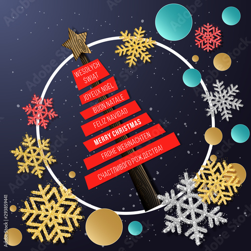 Merry Christmas Greeting Card with Different Languages (Joyeux Noël, Frohe Weihnachten, Buon Natale, Feliz Navidad, Счастливого рождества!, and Wesołych Świąt).