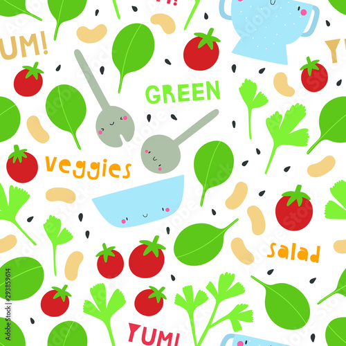 Fototapeta Naklejka Na Ścianę i Meble -  Super cute vector texture with Salad leaves, tomatoes, spinach, parsley, white beans, seeds, letters and cute plates. Seamless pattern with vegetables. Healthy food background.