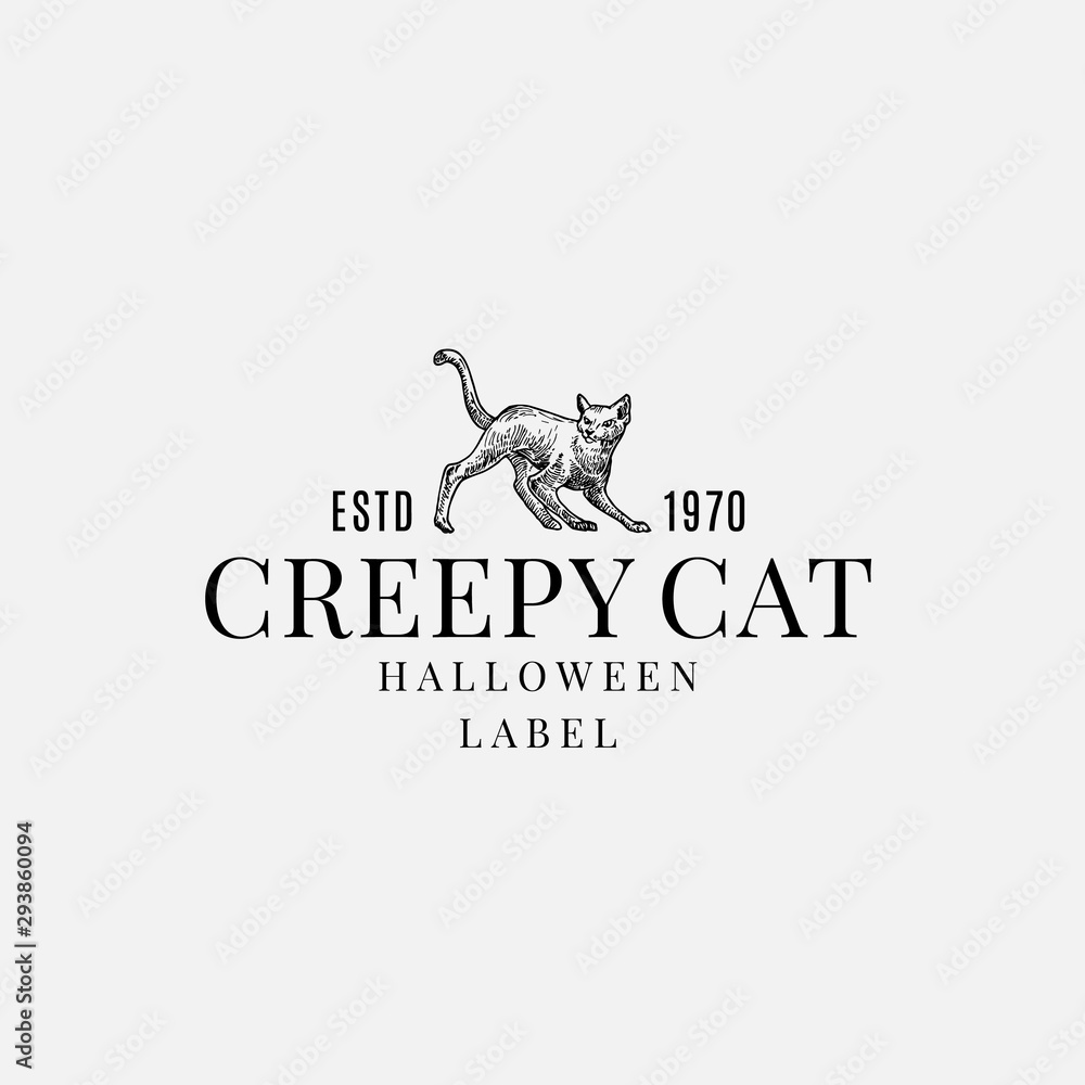 Fototapeta premium Premium Quality Halloween Logo or Label Template. Hand Drawn Creepy Cat Sketch Symbol and Classy Retro Typography.