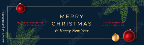 Merry Christmas Abstract Vector Frame Greeting Banner or Holiday Card Background. Real Banner Size. Classy Colors with Gold Gradient and Typography. Soft Shadows and Sketch Fir-needles with Strobile.