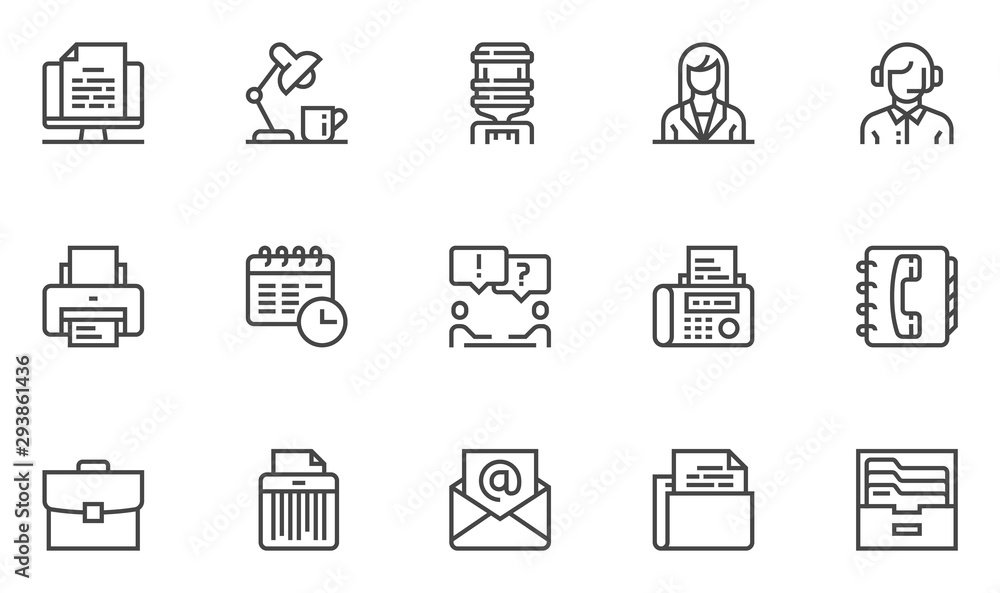 Office vector line icons set. Workplace, meeting, administrator, manager, support, business correspondence. Editable stroke. 48x48 Pixel Perfect.