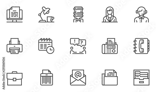 Office vector line icons set. Workplace, meeting, administrator, manager, support, business correspondence. Editable stroke. 48x48 Pixel Perfect.