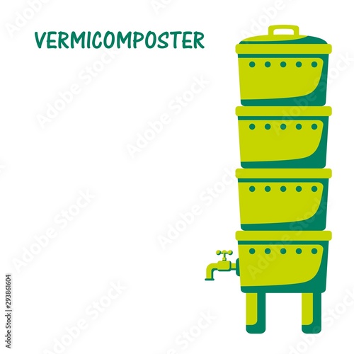 Vermicomposter- home for worms that process organic waste from the kitchen, a selective approach. The ecological approach. Zero waste. Composting organic waste. Recycling garbage. Vector illustration