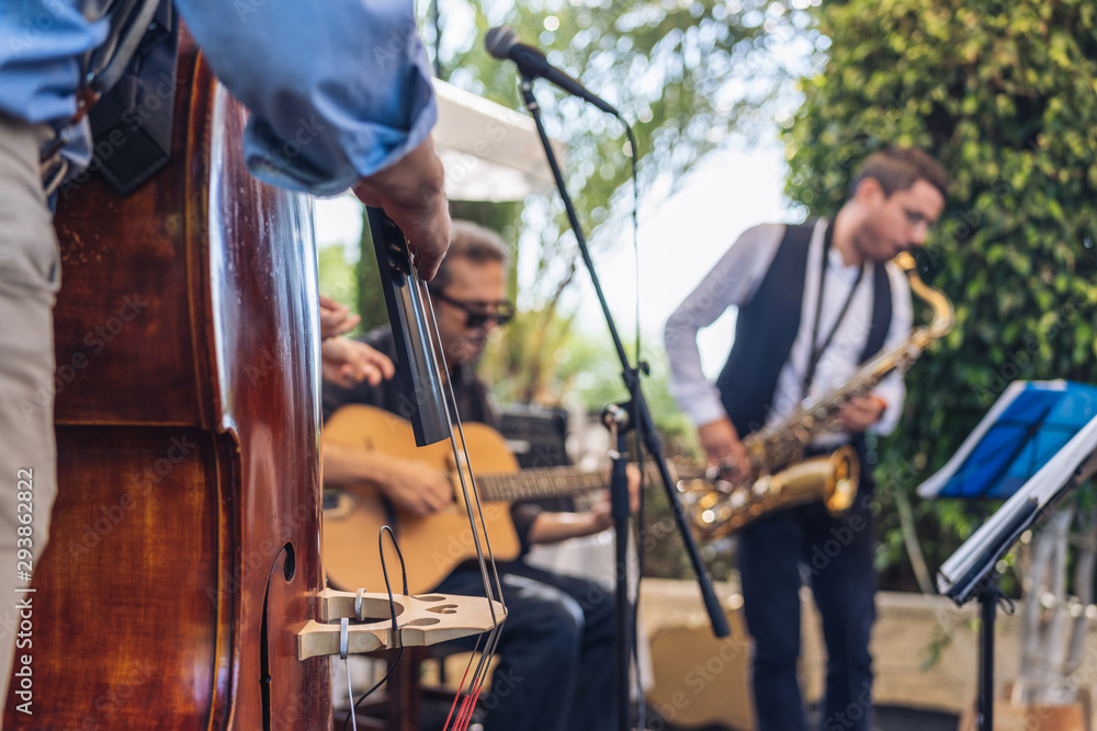 band of jazz and swing on stage outdoor  - obrazy, fototapety, plakaty 