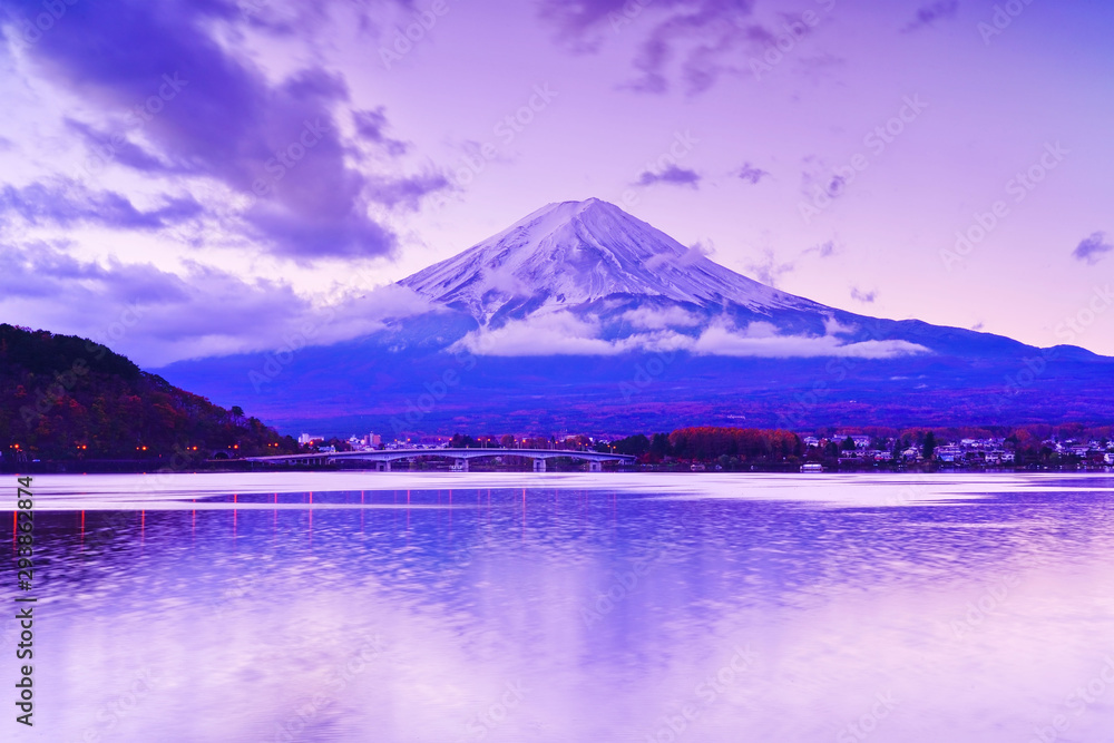 View of the Mount Fuji from Lake Kawaguchi at dawn in Japan.