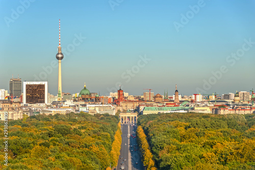 Berlin skyline with tv tower, Brandenburger Tor and Tiergarten