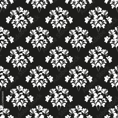 Black and white seamless floral pattern, two-tone monochrome.