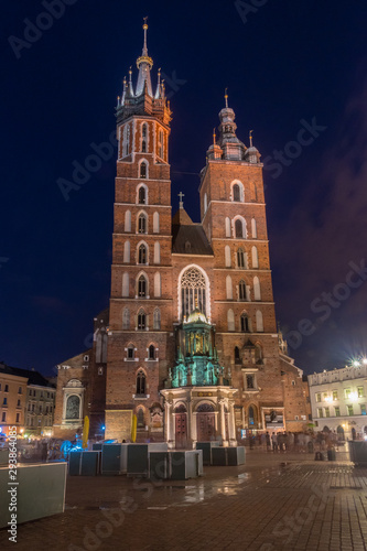 St. Mary's Church on market square at night in Krakow, Poland.