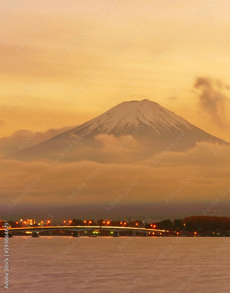 View of the Mount Fuji at sunset from Lake Kawaguchi, Japan.