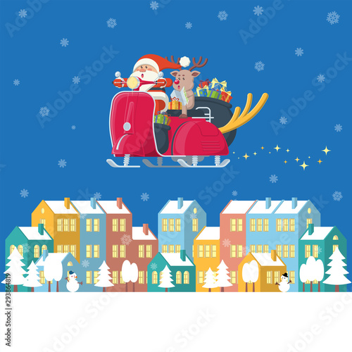Santa Claus and reindeer riding red vintage scooter with big deer horn at night carring present box sacks flying over winter town with colorful buildings, trees, snowman and snow in flat cartoon style