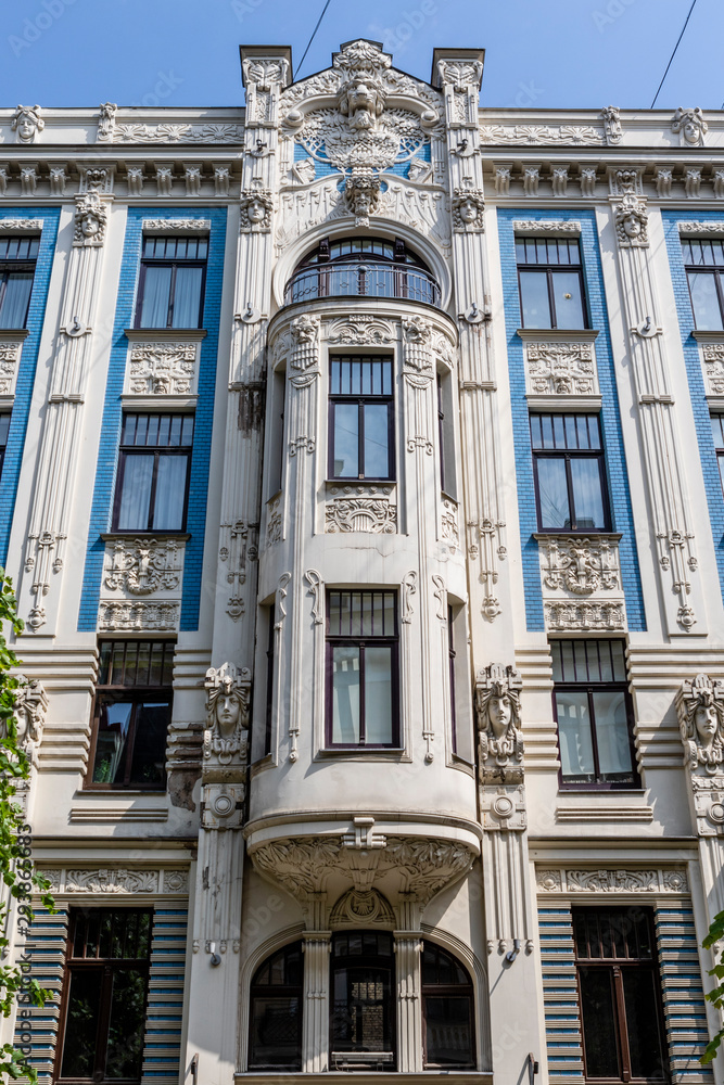 Facade of an art nouveau building by architect Eisenstein in the Elizabetes Street in Riga, Latvia