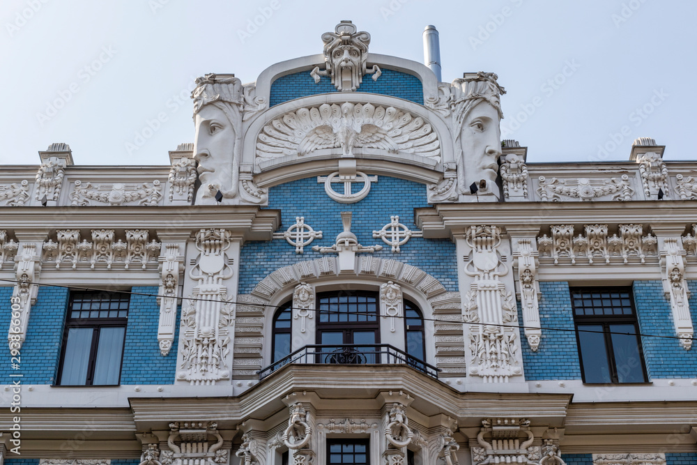 Facade of the art nouveau building by architect Eisenstein in the Elizabetes Street in Riga, Latvia