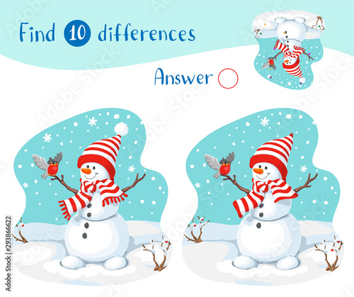 Illustration with snowmen, bullfinch and snowfall. Find 10 differences.