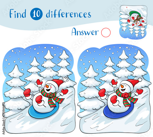 Snowman on sled with christmas gifts. Find 10 differences.