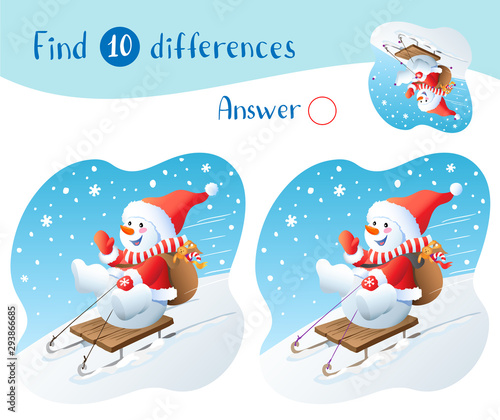 Snowman on sled with christmas gifts. Find 10 differences.