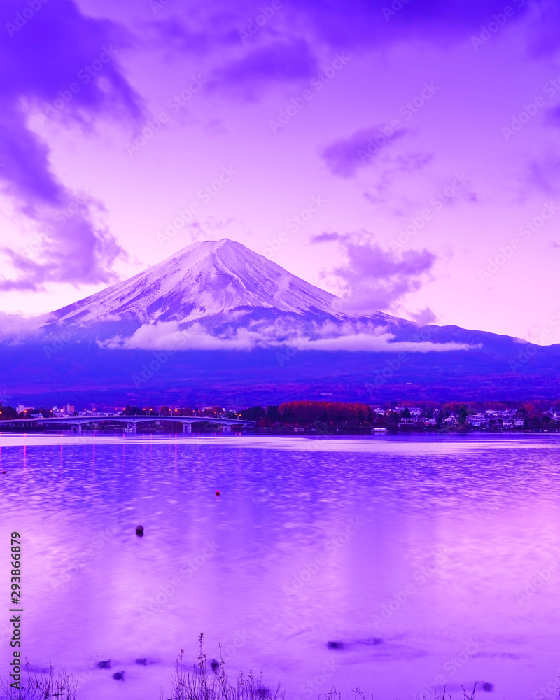 View of the Mount Fuji from Lake Kawaguchi at dawn in Japan.