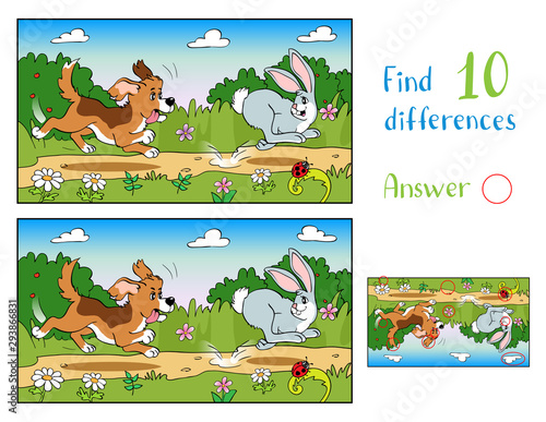 Dog in the meadow chasing a rabbit. Find 10 differences.
