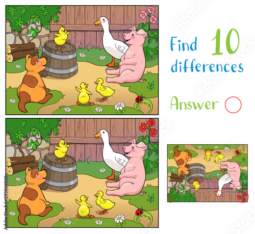 A yellow chicken cheers puppy, pig and ducks with mother duck. Find 10 differences.