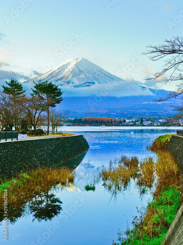 View of the Mount Fuji from Lake Kawaguchi at sunrise in Japan.