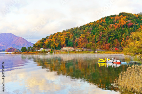 View of the colorful forest at Lake Kawaguchi in Japan in autumn morning.
