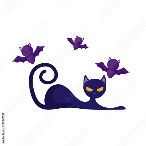 cat feline animal of halloween with bats flying