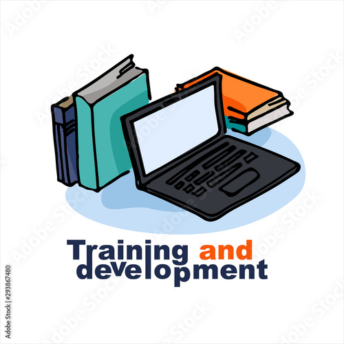 Training courses ad banner. Concept of additional education. Hand drawn piles of books, laptop, typography. Isolated on neutral background