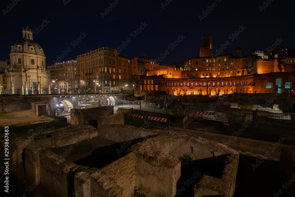 Rome at night with buildings lightend