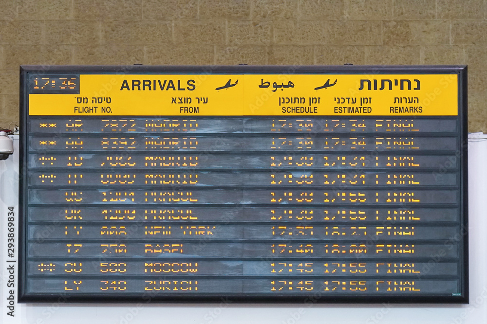 Board of arrival of aircraft at the international airport. Airport flight  schedule with the list of flights and information on registration. 29  August 2018. Ben Gurion Airport. Tel Aviv. Israel. Stock Photo