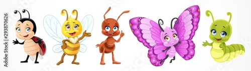 Cute cartoon ladybug bee, butterfly, caterpillar, ant isolated on a white background