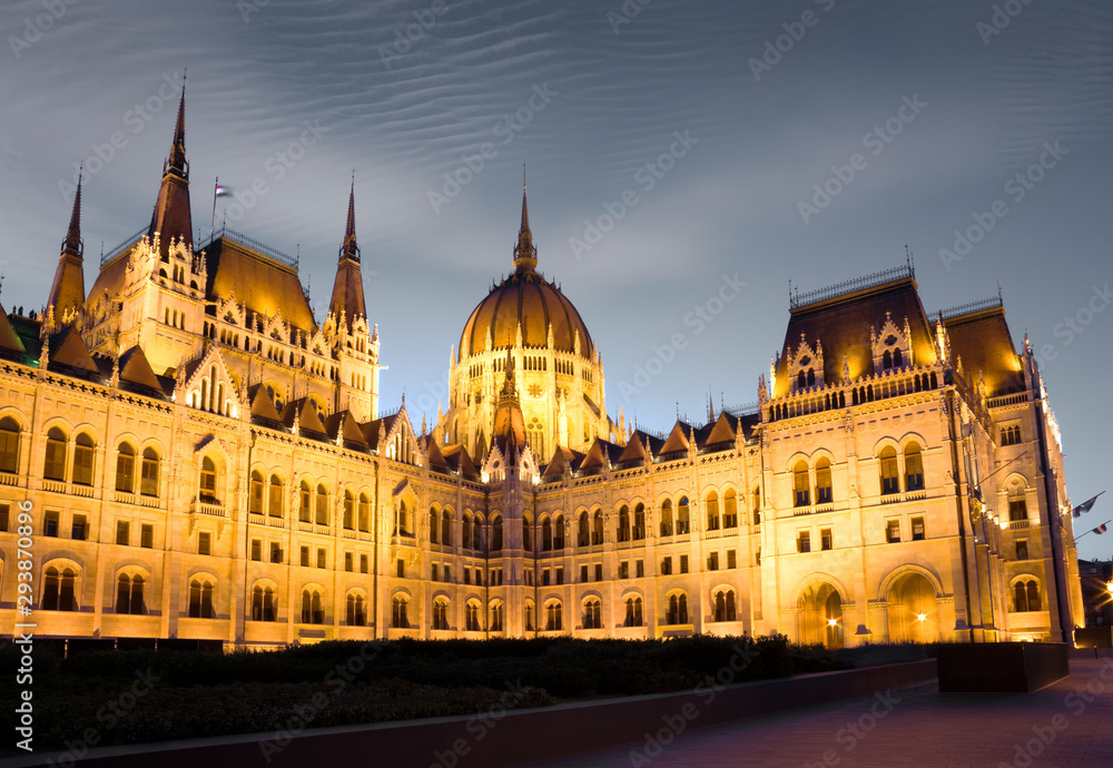 Illuminated Hungarian Parliament building at night