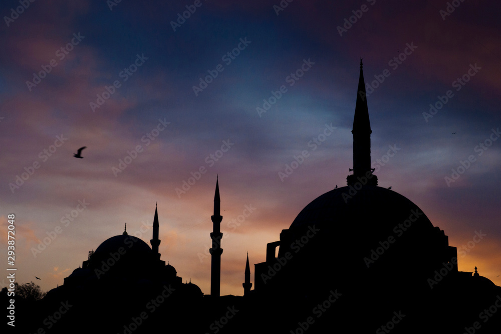 Blue mosque silhouette at sunset, Istanbul, Turkey