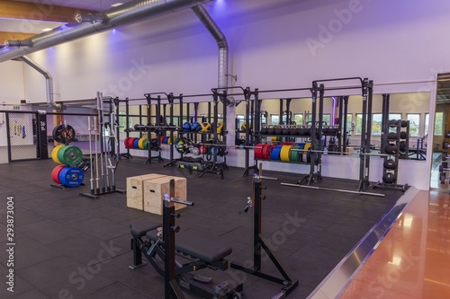 Beautiful view of well equipped fitness center. Healthy lifestyle concept. Enkoping. Sweden. 