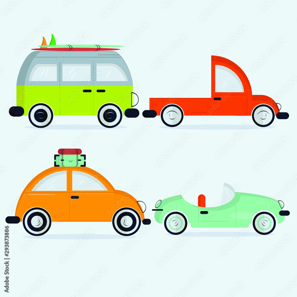 Collection Cartoon of Cars Flat Design Illustration
