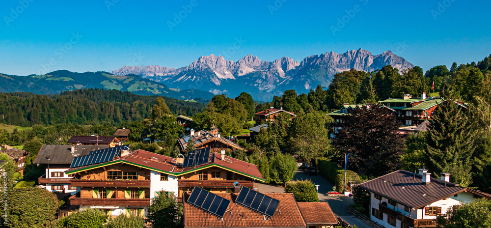 Beautiful alpine view with the famous Wilder Kaiser mountains at the Kitzbüheler Horn, Kitzbühel, Tyrol, Austria