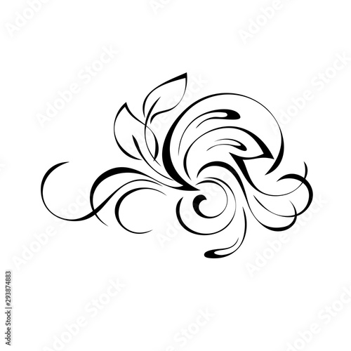 decorative element with curls and leaves in black lines on white background