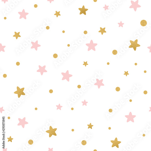Seamless pattern decoreted gold pink stars for Christmas backgound or baby shower textile
