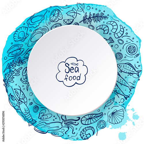 Doodle seafood frame on blue watercolor background. Vector illustration. Perfect for dessert menu or food package design.