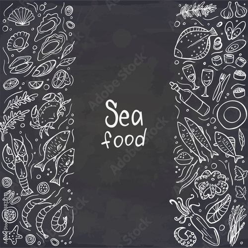Set of seafood on chalckboard. Vector illustration. Perfect for menu or food package design.