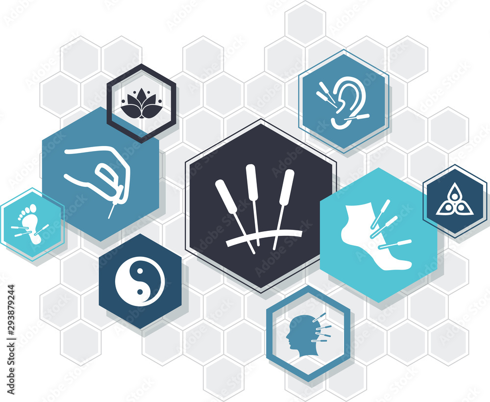 acupuncture icon concept: interconnected icons of various acupuncture treatments - vector illustration acupuncture icon concept: interconnected icons of various acupuncture treatments - vector illustration