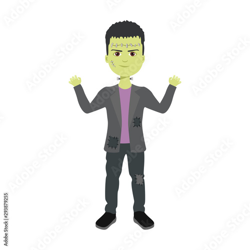 Kid in frankenstein halloween costume. Vector illustration of boy in  costume of cute funny monster in cartoon simple flat style.