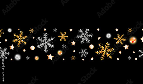 Christmas border, happy New year. Strips gold and silver snowflakes, stars and bright balls on black background. Xmas decoration. Vector