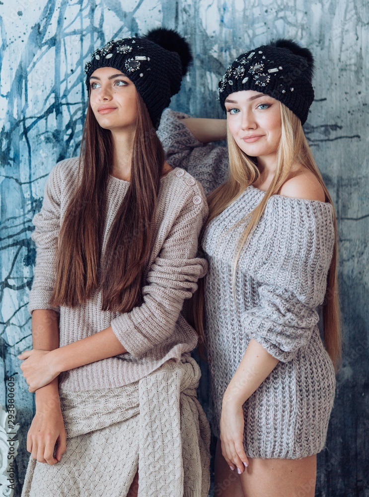 Portrait two beautiful young woman with makeup in hat Portrait two beautiful young woman with makeup in hat