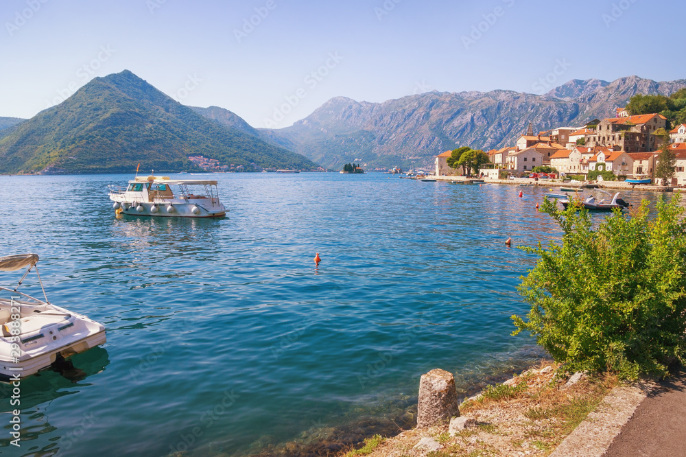 Beautiful Mediterranean landscape. View of Kotor Bay near ancient town of Perast on sunny autumn day. Montenegro, Adriatic Sea