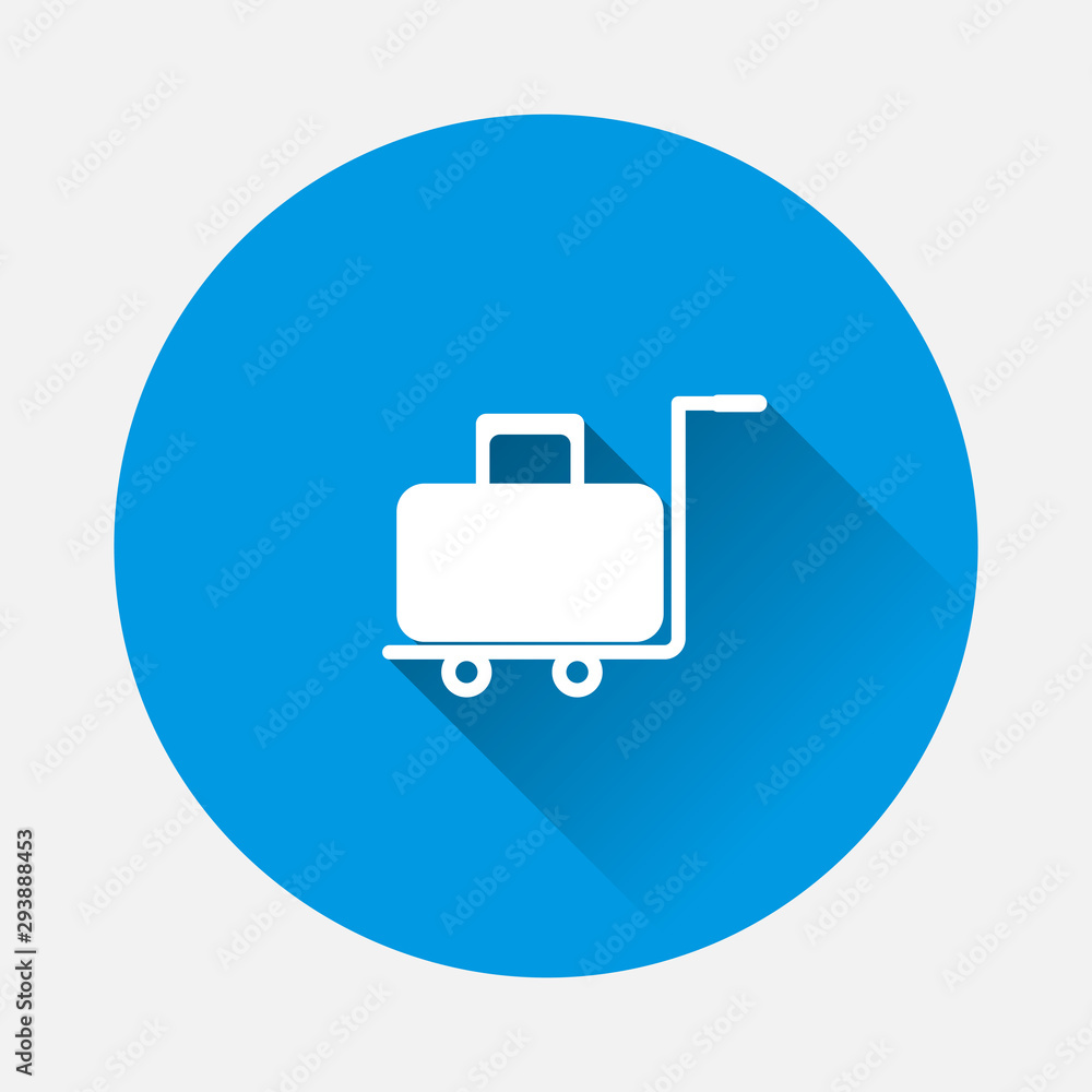 Vector icon trolley with a suitcase. Symbol service, porter in the hotel on blue background. Flat image with long shadow. Vector icon trolley with a suitcase. Symbol service, porter in the hotel on blue background. Flat image with long shadow.