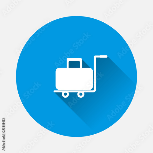 Vector icon trolley with a suitcase. Symbol service, porter in the hotel on blue background. Flat image with long shadow.