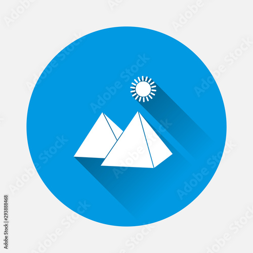 Vector icon pyramid and sun in the desert on blue background. Flat image with long shadow.