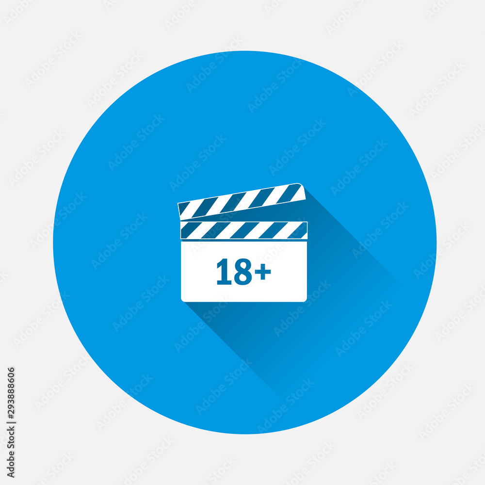 Vector icon film 18+. Age restriction symbol on blue background. Flat image with long shadow. Vector icon film 18+. Age restriction symbol on blue background. Flat image with long shadow.