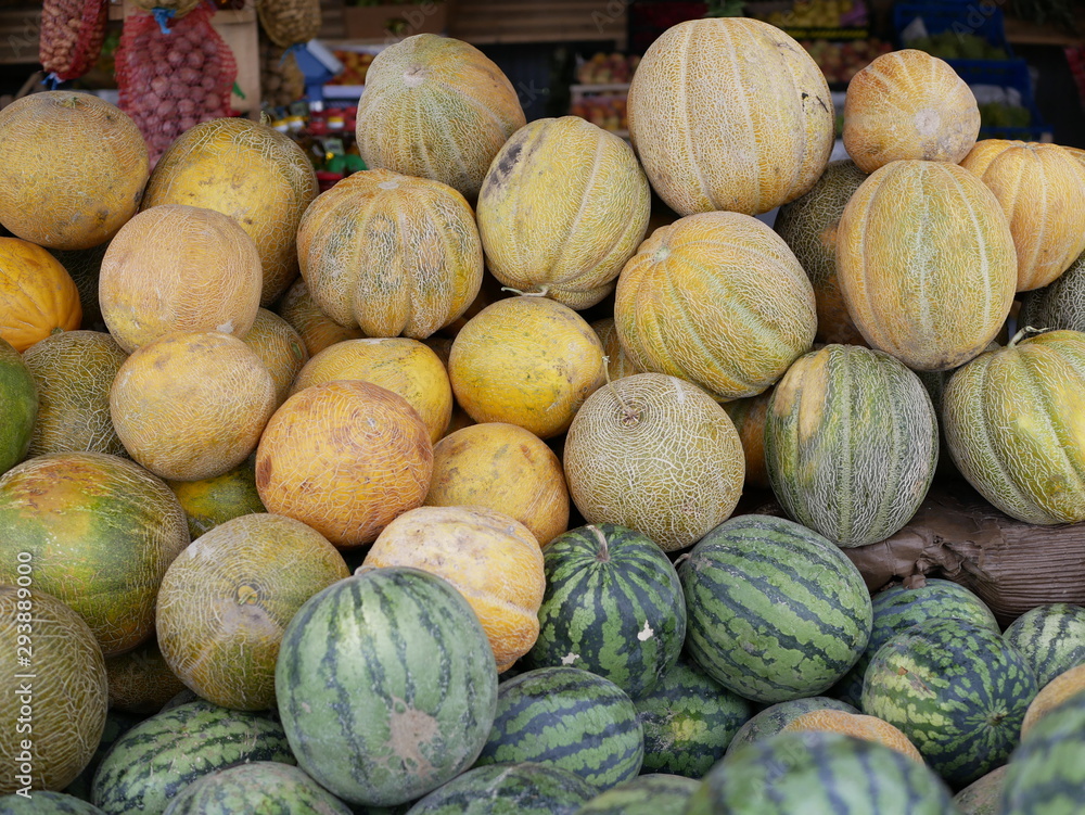 a new crop of watermelons and melons.  big ripe striped watermelons and yellow melons at an agricultural fair on a Sunny summer day.