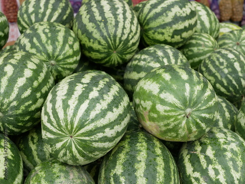 new crop of watermelons. big ripe striped watermelons at an agricultural fair on a Sunny summer day.